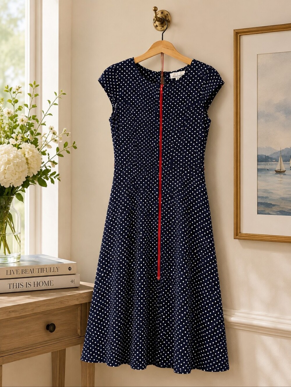 Olivia Matthews Navy Polka Dot Midi Dress